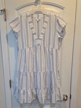 Haven Well Within Blue and White Striped V‑Neck Tiered Summer Dress